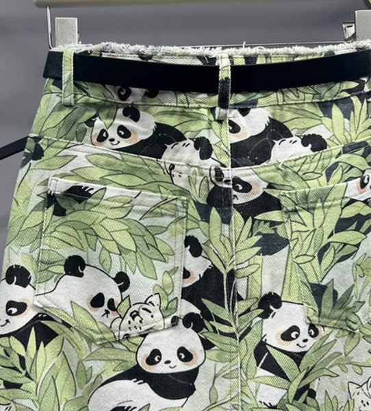 Women Fashion Panda Print Denim Long Skirt