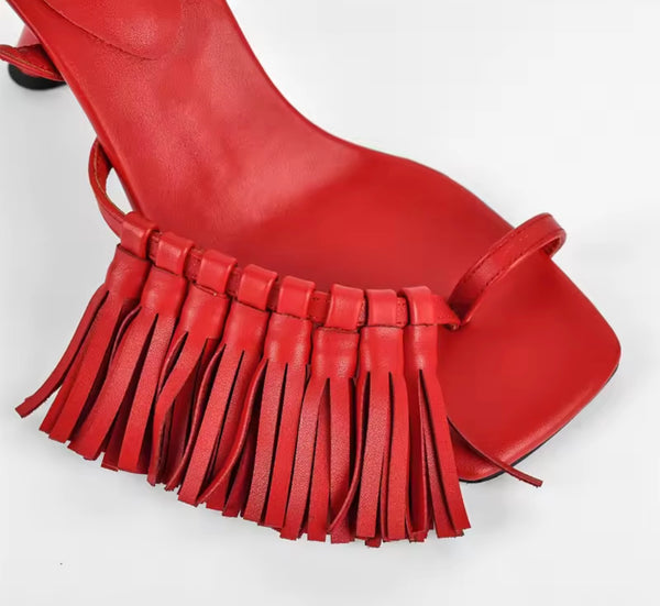 Women Open Toe Fringe Ankle Strap High Heel Sandals