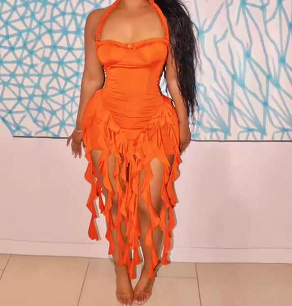 Women Color Halter Sleeveless Tassel Sexy Dress