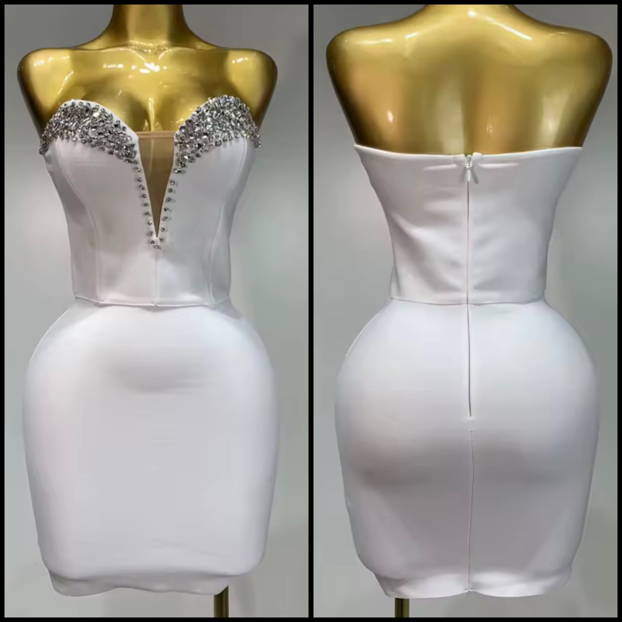 Women White Rhinestone Strapless Sexy Bandage Dress