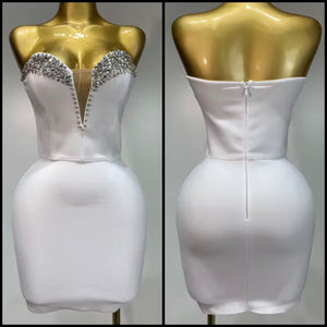 Women White Rhinestone Strapless Sexy Bandage Dress