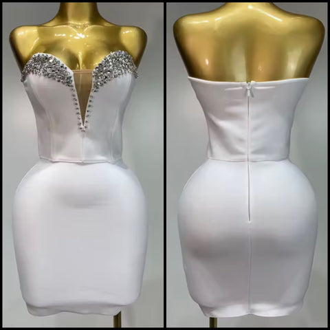 Women White Rhinestone Strapless Sexy Bandage Dress
