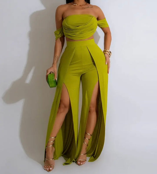 Women Sexy Off The Shoulder Short Sleeve Front Split Two Piece Pant Set