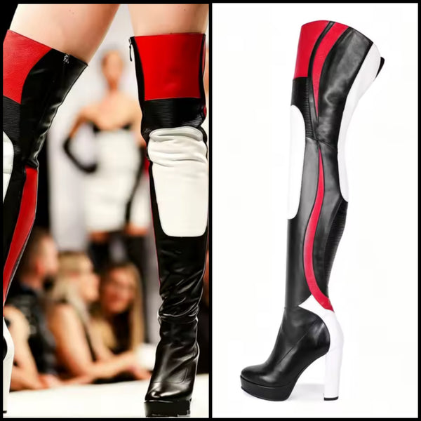 Women Round Toe Over The Knee Color Patchwork High Heel Boots