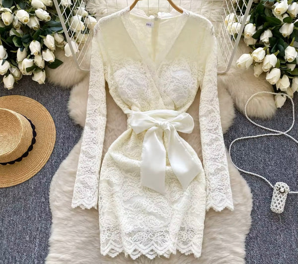 Women Sexy Full Sleeve Tie Up Sash Lace Dress