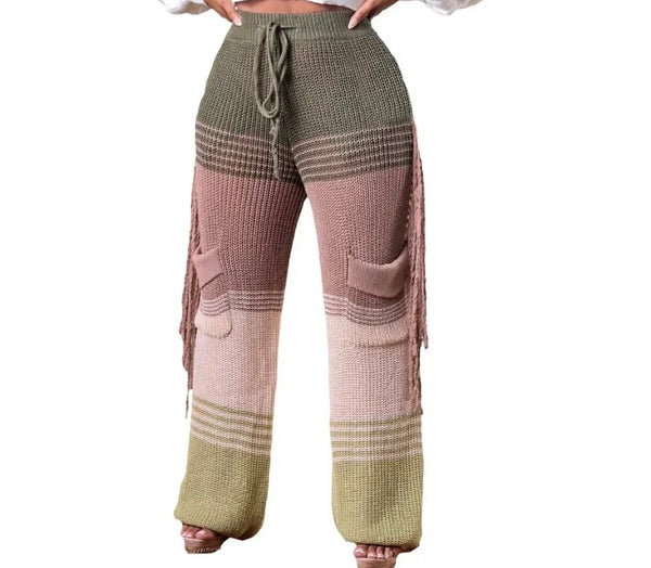 Women Knitted Color Patchwork Fringe Pants