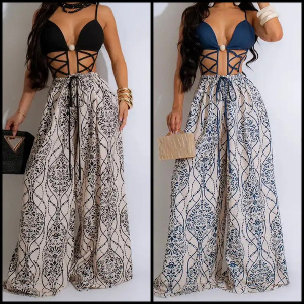 Women Sexy Sleeveless Lace Up Printed Wide Leg Jumpsuit