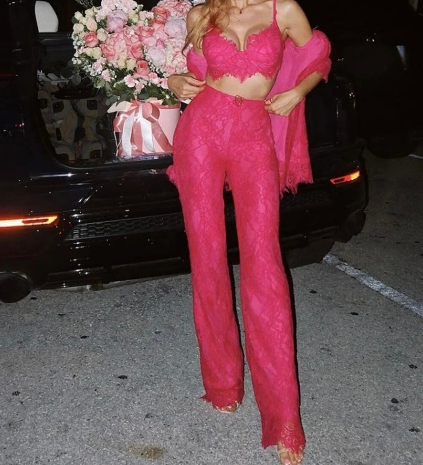 Women Sexy Fashion Lace Three Piece Pant Set