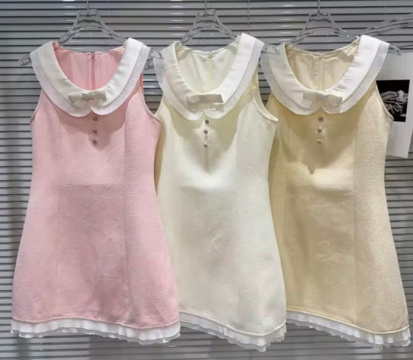 Women Sleeveless Ruffled Color Patchwork Tweed Dress