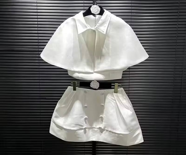 Women White Fashion Collar Shawl Two Piece Skirt Set