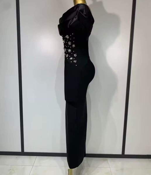 Women Off The Shoulder Floral Rhinestone Black Maxi Dress