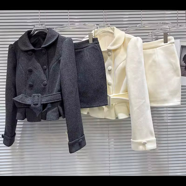Women Button Up Belted Blazer Fashion Two Piece Skirt Set