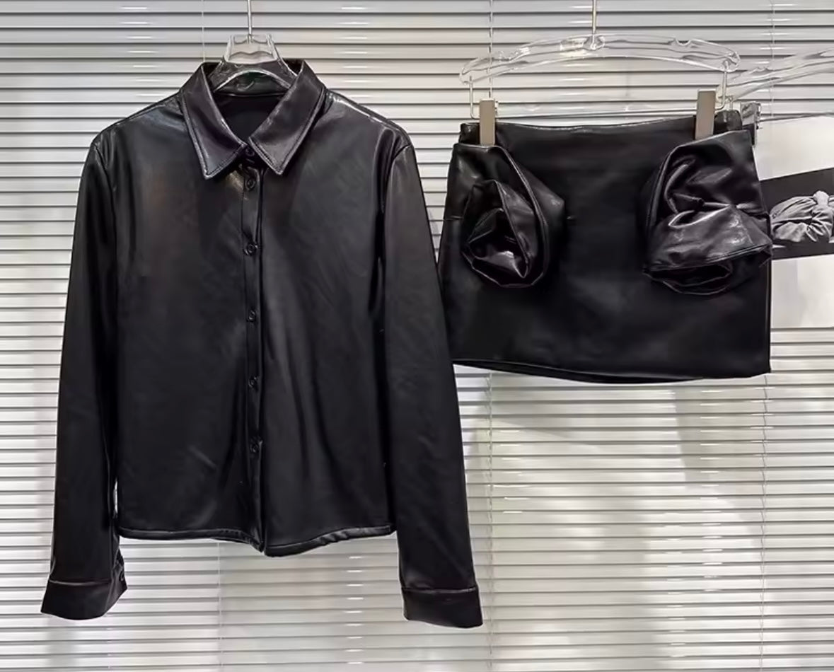 Women Black Faux Leather Button Up Fashion Two Piece Skirt Set