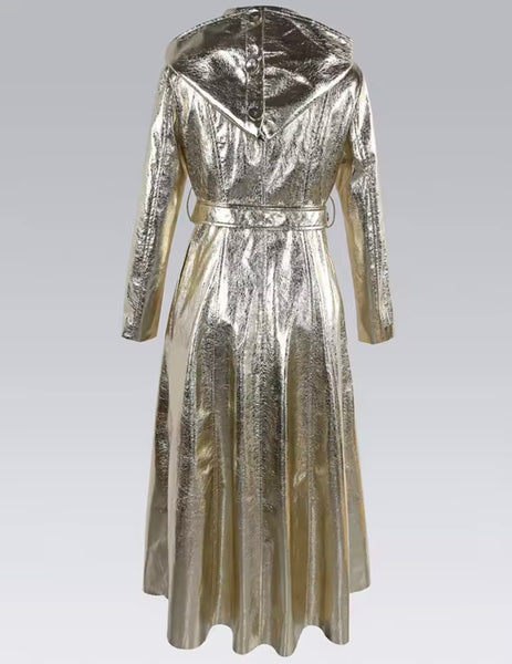 Women Metallic Hooded Fashion Trench Faux Leather Jacket