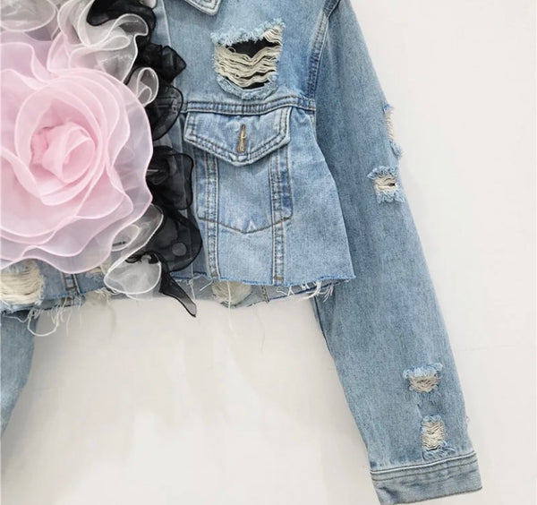 Women Fashion Ripped Color Floral Ruffled Denim Jacket