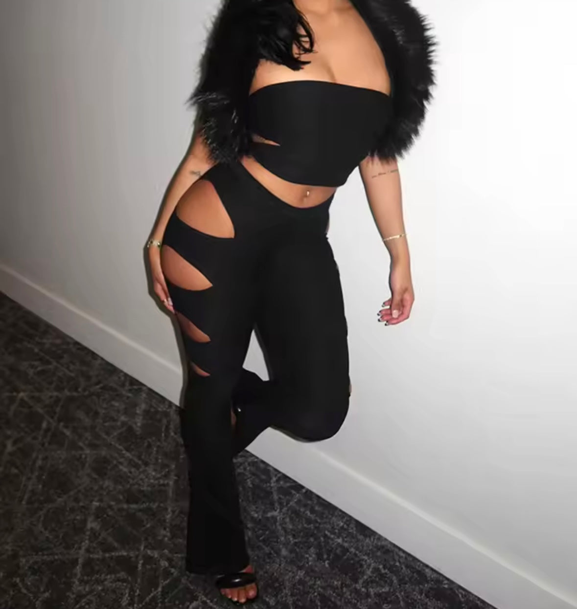 Women Sexy Strapless Cut Out Crop Two Piece Pant Set