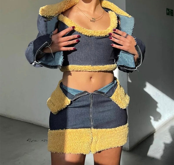 Women Fashion Wool Patchwork Denim Three Piece Skirt Set