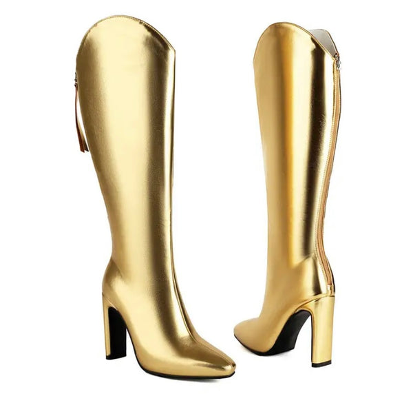 Women Fashion Faux Leather Back Zipper Knee High Boots