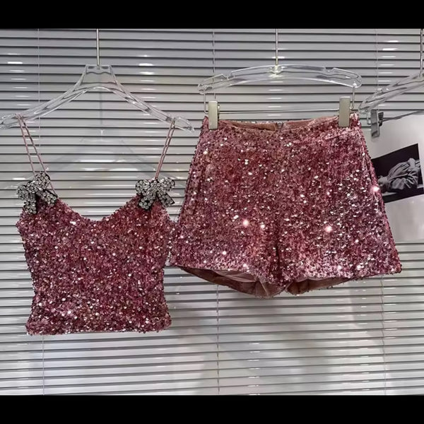 Women Pink Sequins Rhinestone Bow Sleeveless Two Piece Short Set