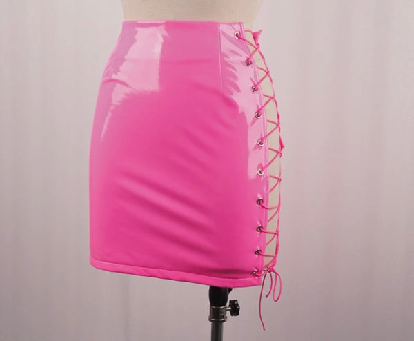 Women Sexy PU Lace Up Color Skirt
