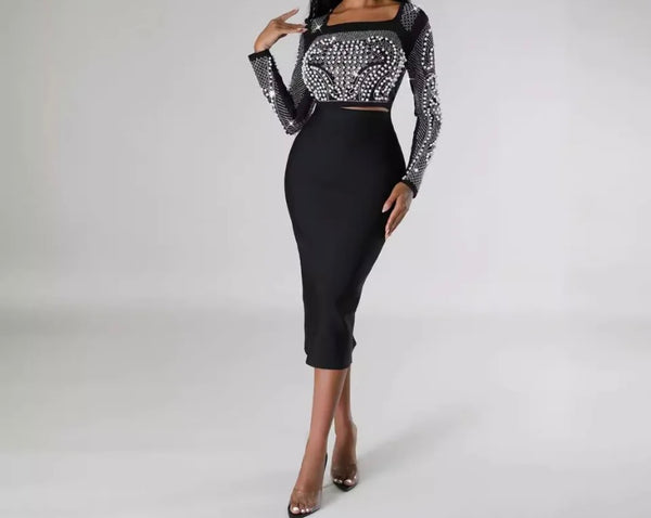 Women Sexy Black Bling Full Sleeve Two Piece Skirt Set