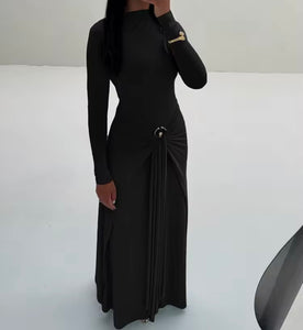 Women Sexy Solid Color Tassel Full Sleeve Maxi Dress
