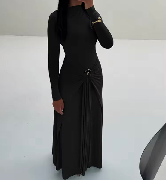 Women Sexy Solid Color Tassel Full Sleeve Maxi Dress
