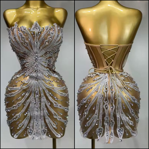 Women Sexy Strapless Bling Rhinestone Mesh Dress
