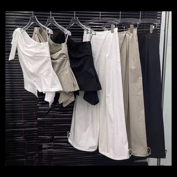 Women Tie Up One Shoulder Sleeveless Two Piece Wide Leg Pant Set