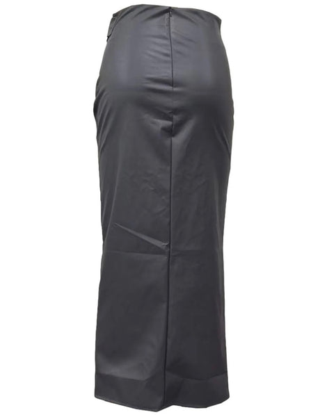 Women Sexy Solid Color Side Slit Faux Leather Maxi Skirt