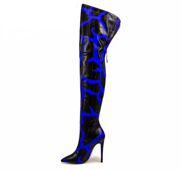 Women Color Patchwork Faux Leather Over The Knee Boots