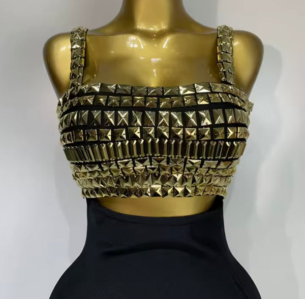 Women Black Sleeveless Sexy Gold Rivet Maxi Dress
