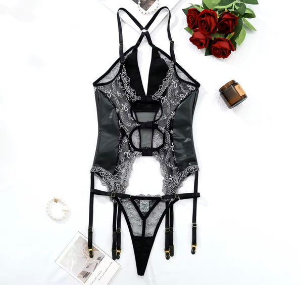 Women Sexy Black Pu Mesh Patchwork Lingerie Set