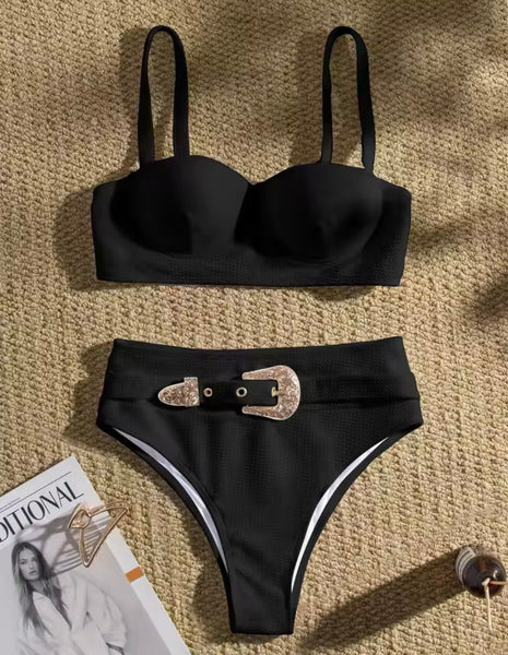 Women Sexy Fashion Ribbed Buckle Bikini Swimsuit