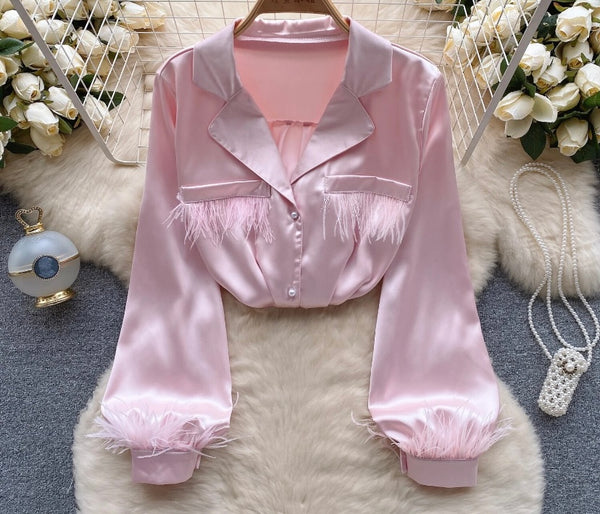Women Button Up Feather Full Sleeve Fashion Top