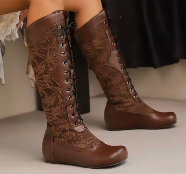 Women Fashion Floral Lace Up Flat Knee High Boots
