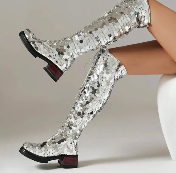 Women Fashion Silver Sequins Lace Up Knee High Boots