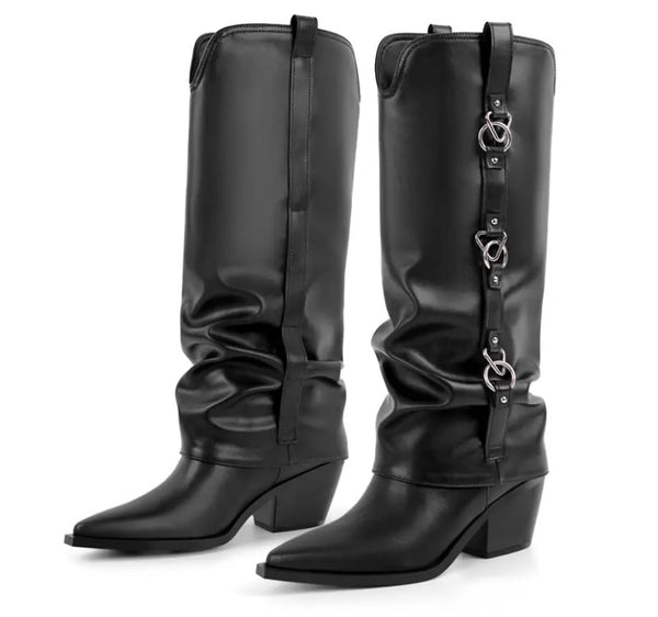 Women Black Faux Leather Metal Ring Fashion Western Boots