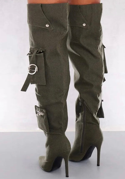 Women Fashion Zipper Buckled Pocket Over The Knee Boots