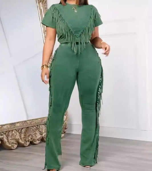 Women Fashion Fringe Short Sleeve Two Piece Pant Set