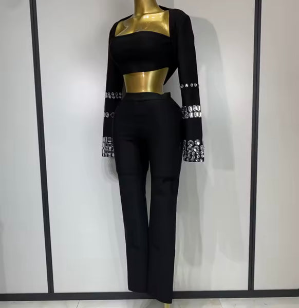 Women Black Crystal Patchwork Three Piece Pant Set