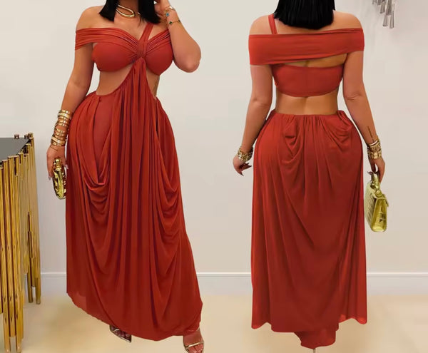 Women Sexy Off The Shoulder Cut Out Draped Maxi Dress
