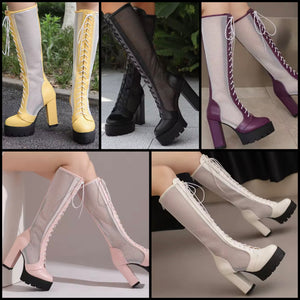 Women Color Buckled Mesh Lace Up Platform Knee High Fashion Boots