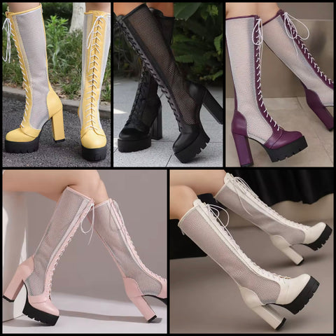 Women Color Buckled Mesh Lace Up Platform Knee High Fashion Boots