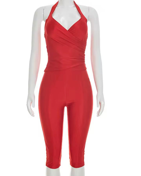 Women Halter Sleeveless Color Fashion Two Piece Capri Pant Set