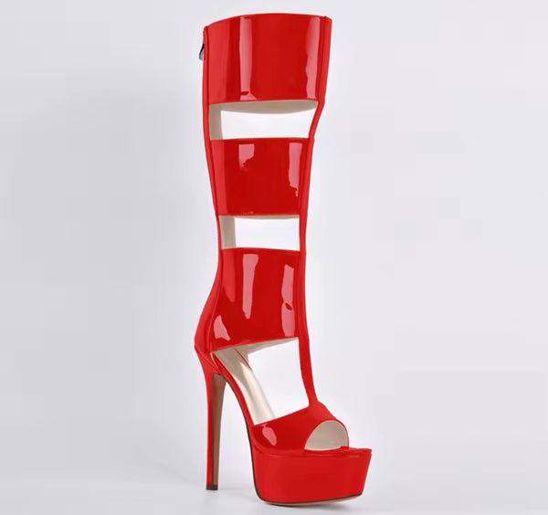 Women Fashion Color Open Toe Patent Leather Platform Knee High Sandals