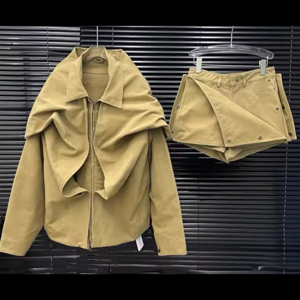Women Fashion Zip Up Button Jacket Two Piece Wrap Short Set