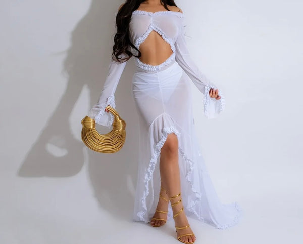 Women Sexy Full Sleeve Ruffled Cut Out Mesh Maxi Dress
