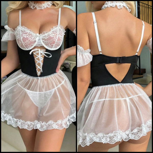 Women Sexy B&W Choker Lace Up Mesh Lingerie Set