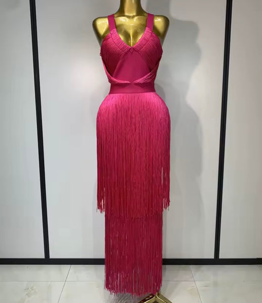 Women Sexy Pink Sleeveless Fringe Tassel Maxi Dress